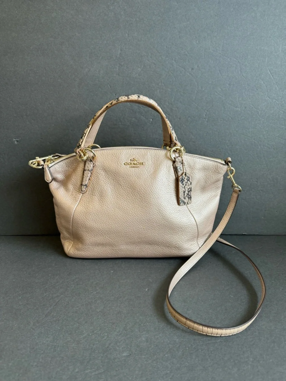 Coach Kelsey Metallic Top Handle Bag Reptile Print Handles Crossbody Purse - Picture 16 of 16